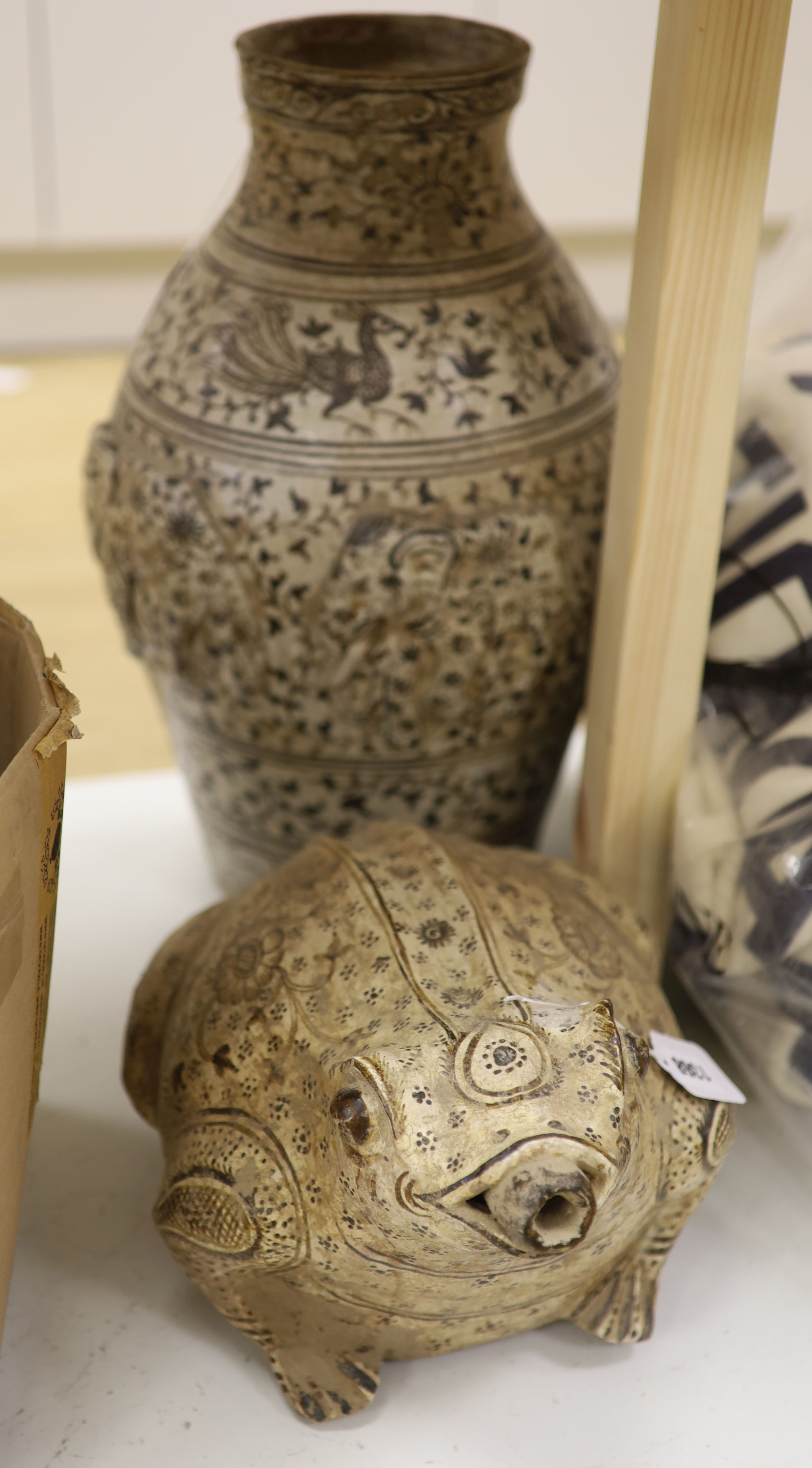 A Sukhothai style elephant vase, height 51cm, and a similar model of a frog